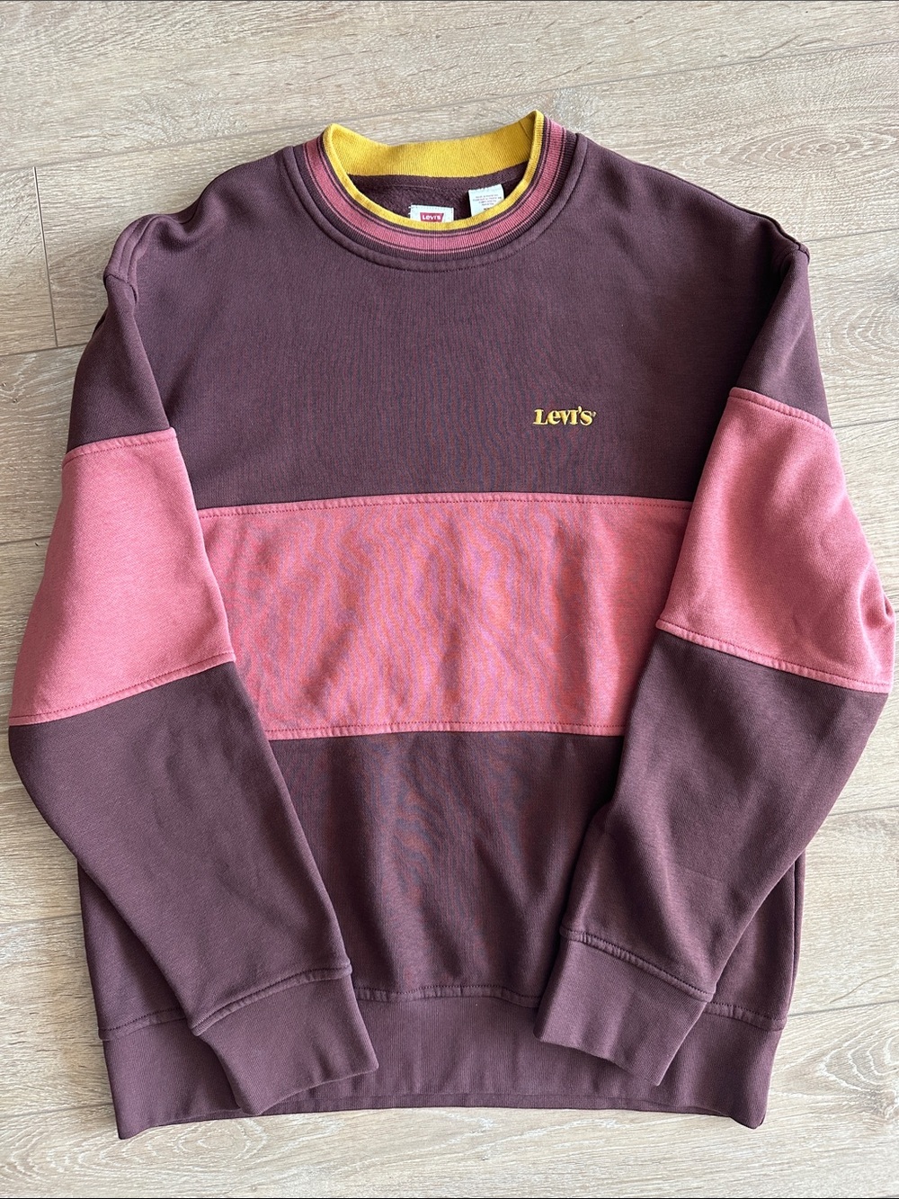 Levi's Men's Maroon Crewneck Sweatshirt with Pink Block & Yellow Logo
